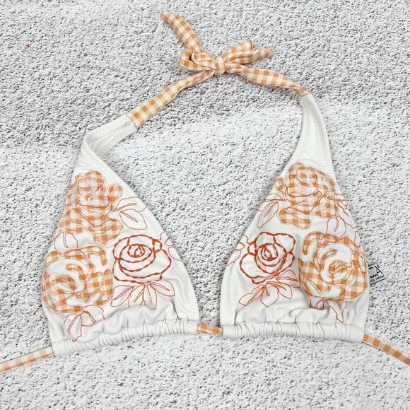 Becca Floral Gingham Triangle Bikini Top Orange Halter Neck Women's Size M - Picture 1 of 5